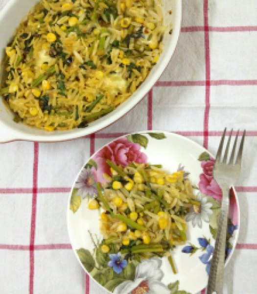 Baked Orzo with Spinach, Corn & Asparagus2